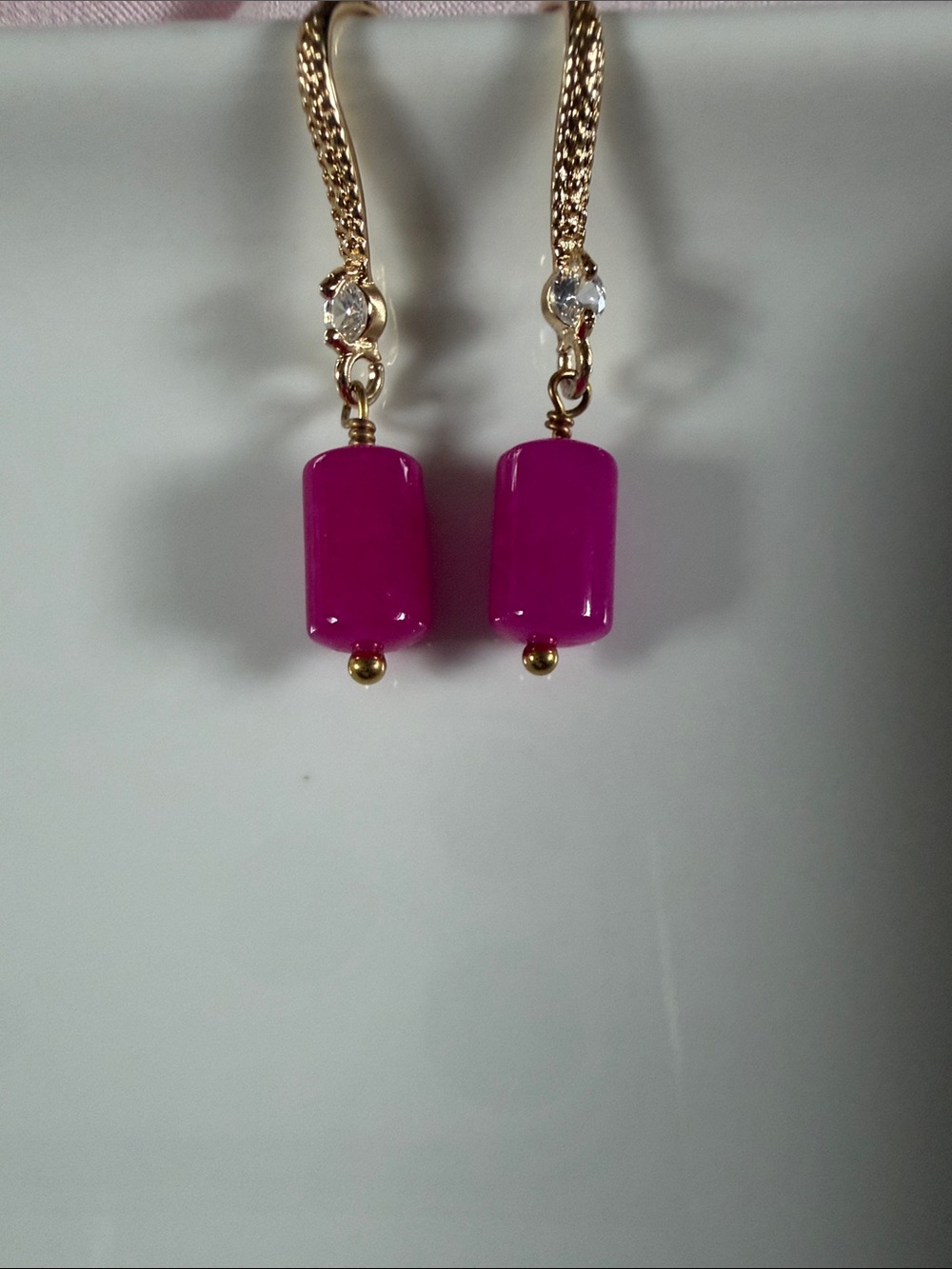 Gold Drop Earrings with Bright Magenta Beads